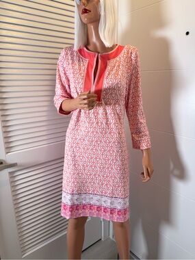 Cabana Life Pink Patterned Midi Shift Dress with Coral Yoke